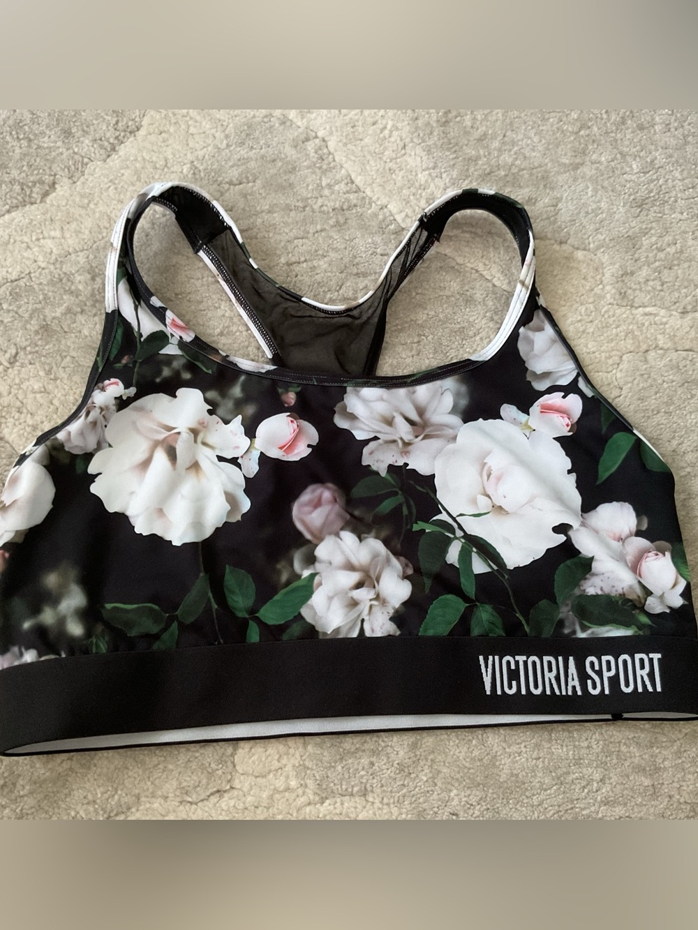 Victoria's Secret Black Floral Racerback Sports Bra with White Roses